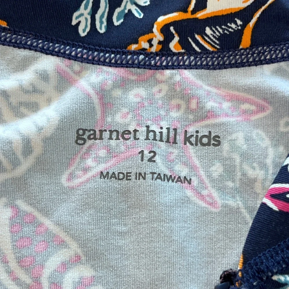 Garnet Hill Kids Size 12 Navy‎ Blue Seashell Starfish Rash Guard Swim Zip